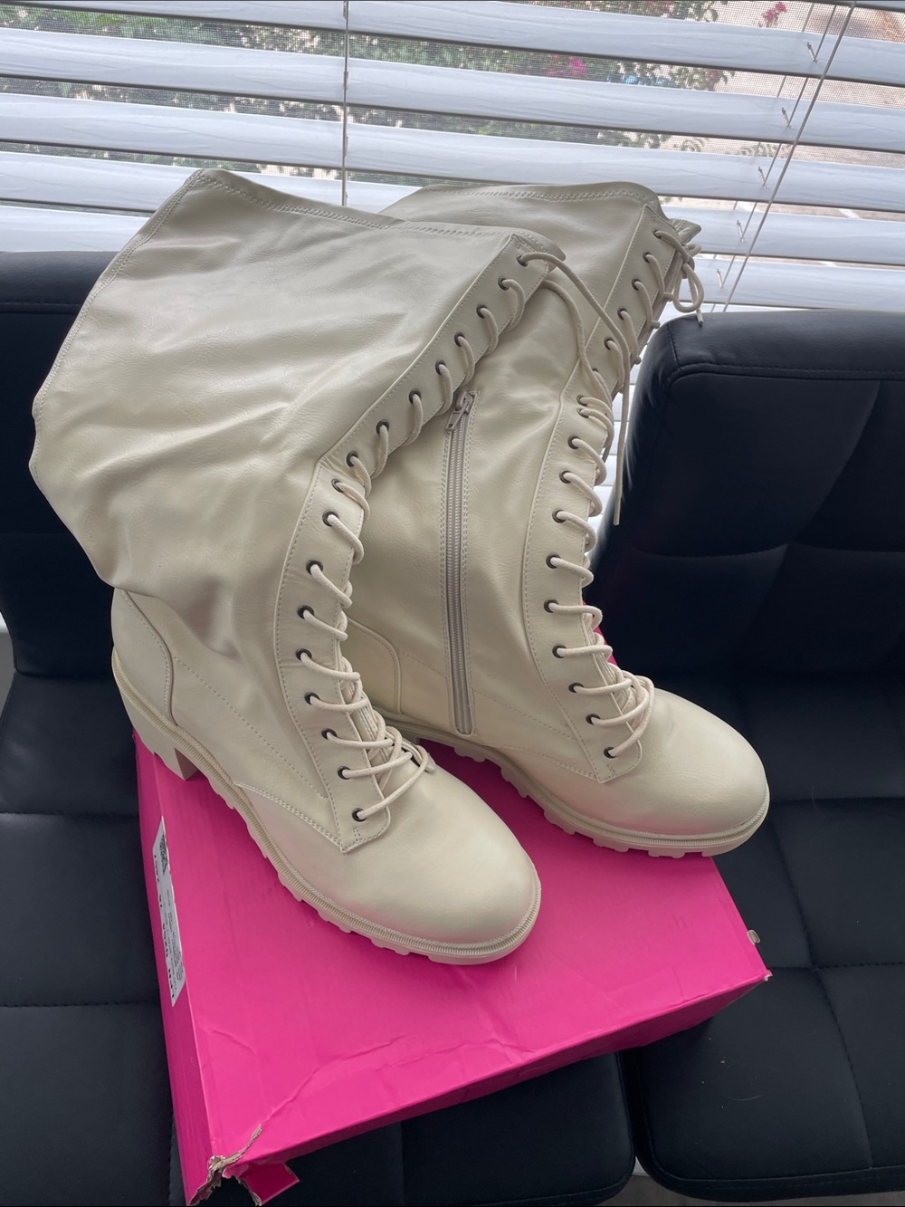Public Desire Cream Lace-Up Mid-Calf Combat Boots